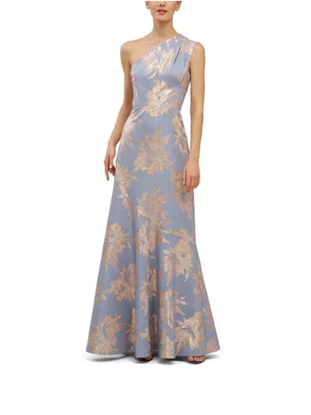 Kay Unger One-Shoulder Pale Blue And Gold Floral Gown